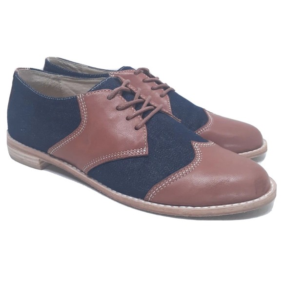 F-Troupe Womens Saddle Shoes Sz 39 Leather and Denim Brown Blue US Sz 8.5 - Picture 2 of 16
